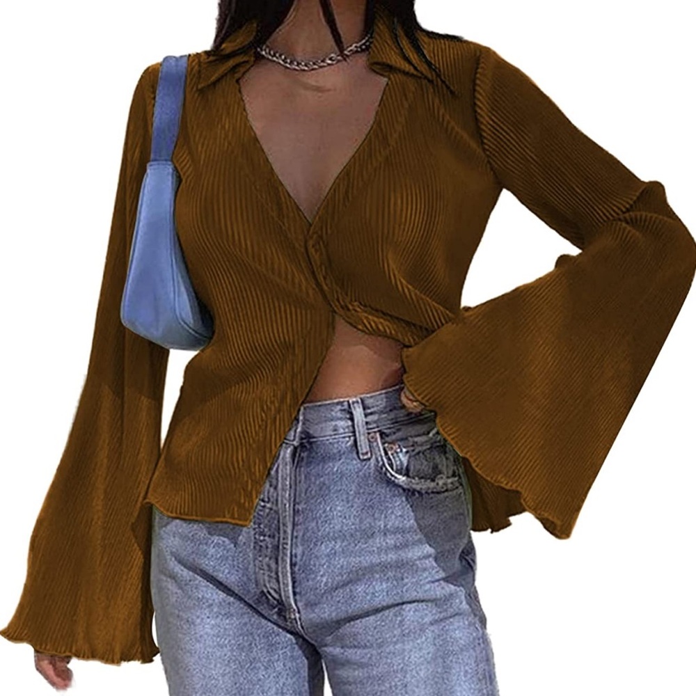 NWOT LYANER Deep V Neck Button Front Bell Long Sleeve Blouse Shirt Top